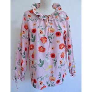 Gibson Latimer Poppies Floral Top Blouse Large Ruffle Detail Pink Orange Yellow